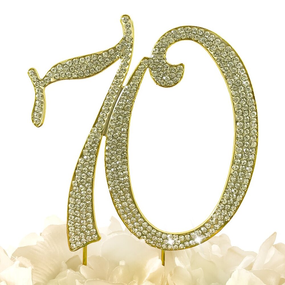 Rhinestone Cake Topper - Number 70 - Gold Metal with Czech Rhinestones